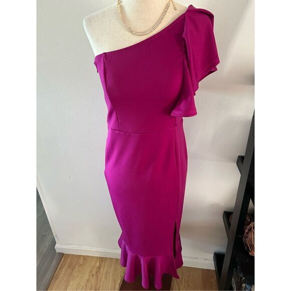 Fuchsia color Women's Off The Shoulder Split Ruffle Hem Bodycon Midi Dress - Picture 1 of 6